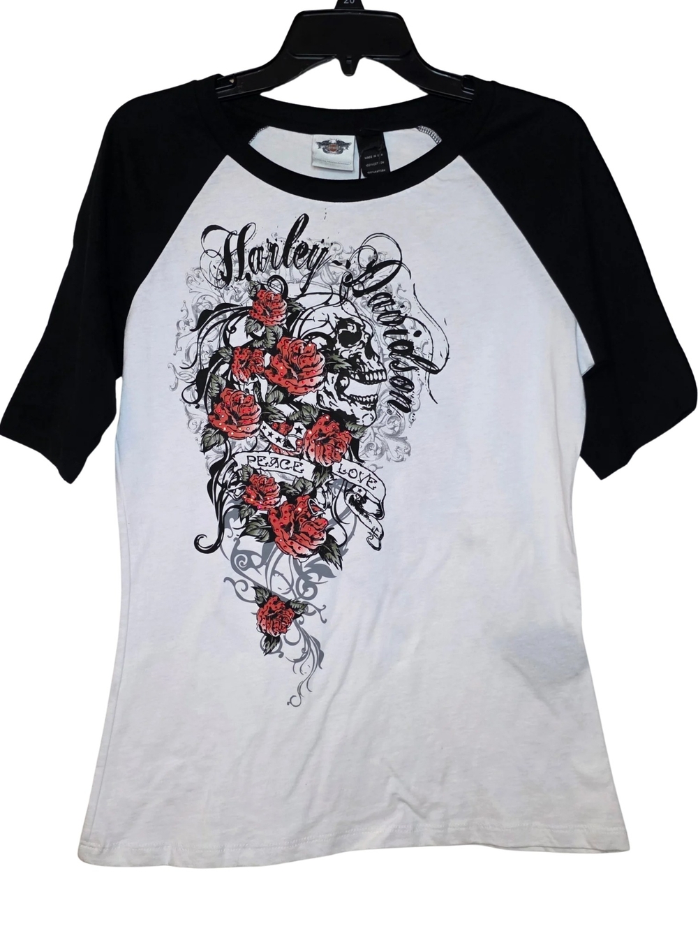 NWT 2011 Harley Davidson Black & White Embellished Graphic Raglan Top